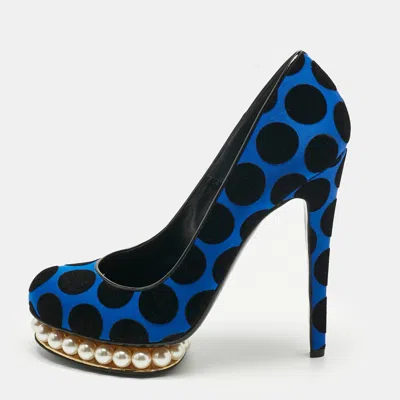 Nicholas Kirkwood Blue/black Polka Dot Satin And Velvet Faux Pearl Casati Platform Pumps