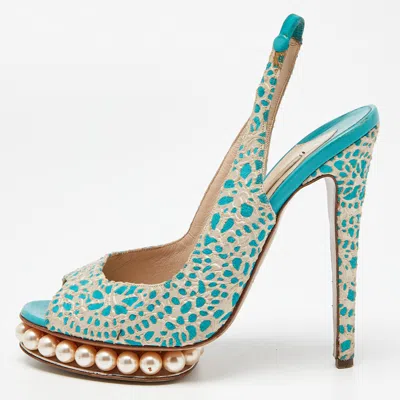 Pre-owned Nicholas Kirkwood Blue/white Textured Suede Pearl Embellished Slingback Sandals Size 39