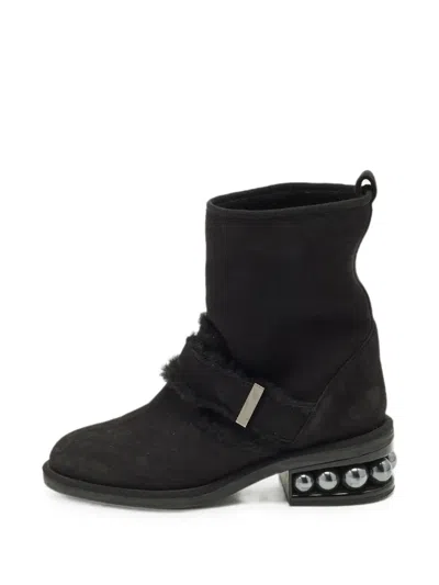 Pre-owned Nicholas Kirkwood Casati Faux-fur Trim Ankle Boots In Black