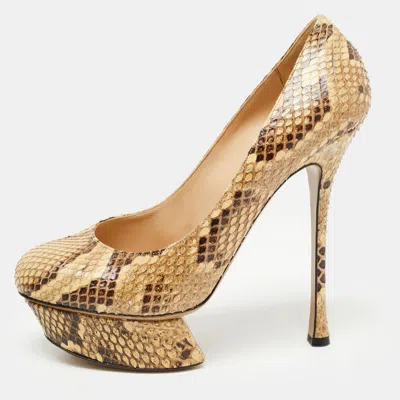 Pre-owned Nicholas Kirkwood Cream/brown Python Leather Platform Pumps Size 39 In Beige