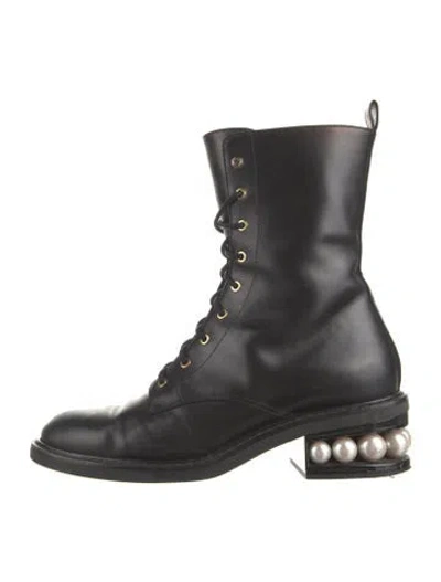 Pre-owned Nicholas Kirkwood Faux Pearl Accents Leather Combat Boots In Black