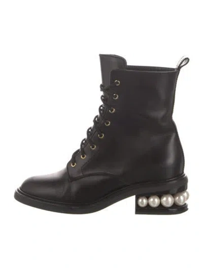 Pre-owned Nicholas Kirkwood Faux Pearl Accents Leather Combat Boots In Black
