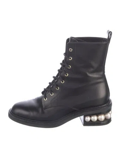 Pre-owned Nicholas Kirkwood Faux Pearl Accents Leather Lace-up Boots In Blue