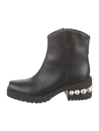 Pre-owned Nicholas Kirkwood Faux Pearl Accents Leather Moto Boots In Black