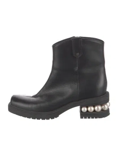 Pre-owned Nicholas Kirkwood Faux Pearl Accents Leather Moto Boots In Black