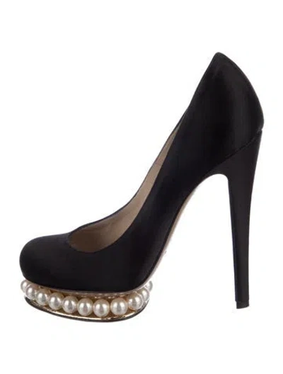 Pre-owned Nicholas Kirkwood Faux Pearl Accents Satin Pumps In Blue
