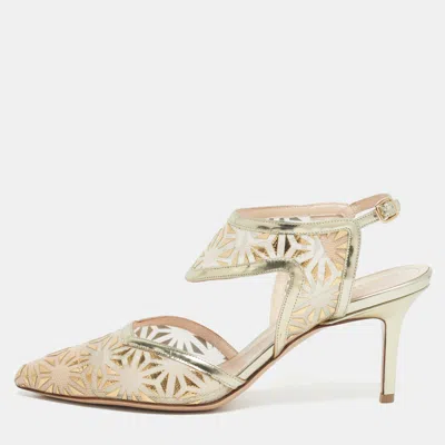 Pre-owned Nicholas Kirkwood Gold/beige Leather And Mesh Leda Slingback Pumps Size 36