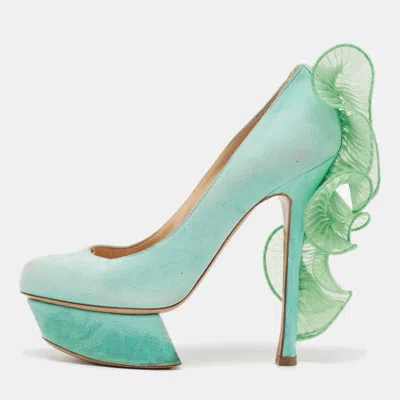 Nicholas Kirkwood Mint Green Suede Ruffle Trimmed Platform Pumps