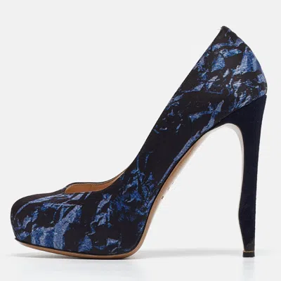 Nicholas Kirkwood Navy Blue Print Satin Platform Pumps In Black