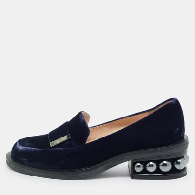 Pre-owned Nicholas Kirkwood Navy Blue Velvet Pearl Embellish Loafers Size 36.5