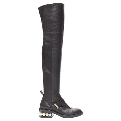 Pre-owned Nicholas Kirkwood Nicolas Kirkwood Black Xl Pearl Embellished Heel Knee High Flat Boots Eu37.5