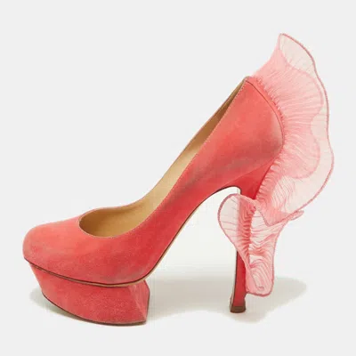 Pre-owned Nicholas Kirkwood Pink Suede Ruffle Trimmed Platform Pumps Size 37.5