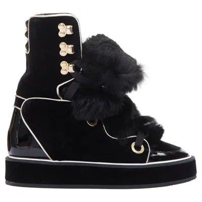 Pre-owned Nicholas Kirkwood Polly Neige Black Patent Fur Trim Snow Boots In White