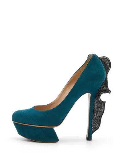 Pre-owned Nicholas Kirkwood Ruffle-trim Platform Suede Heeled Pumps In Blue