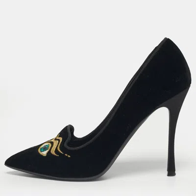 Pre-owned Nicholas Kirkwood Size 35.5 Black Velvet Eye Motif Pointed Toe Pumps