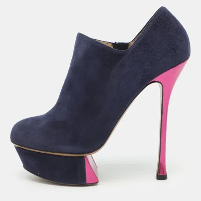 Pre-owned Nicholas Kirkwood Size 38 Blue Suede Platform Booties