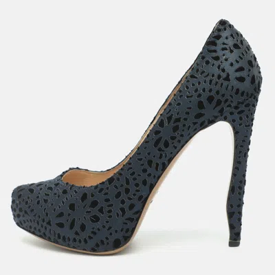 Pre-owned Nicholas Kirkwood Size 38 Navy Blue Laser Cut Velvet Platform Pumps