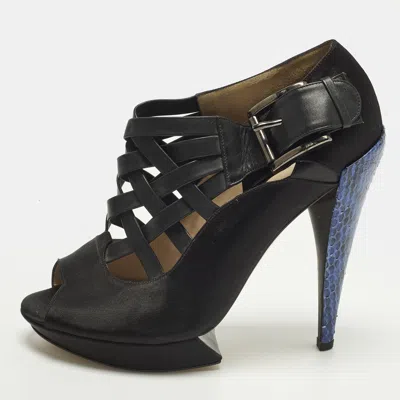 Pre-owned Nicholas Kirkwood Size 39 Black Satin And Snakeskin Leather Ankle Length Boots