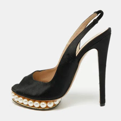 Pre-owned Nicholas Kirkwood Size 39 Black Satin Peep-toe Faux Pearl Embellished Platform Slingback Sandals