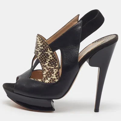 Pre-owned Nicholas Kirkwood Size 40 Two Tone Leather And Water Snakeskin Slingback Platform Sandals In Black