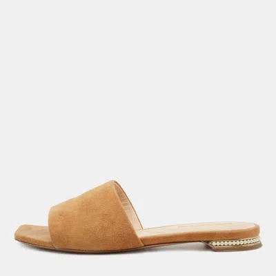Nicholas Kirkwood Tan Suede Pearl Embellished Flat Slides In Brown