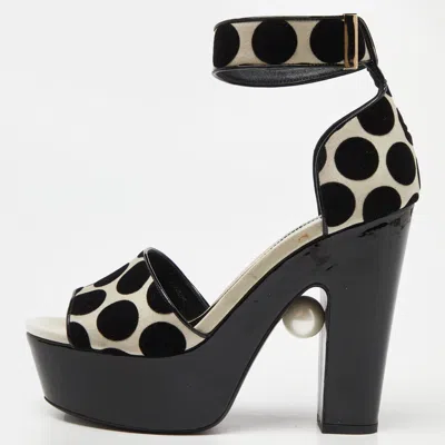 Pre-owned Nicholas Kirkwood White/black Polka Dot Velvet Platform Pearl Block Heel Ankle Strap Sandals Size 39.5