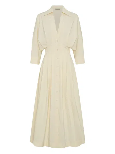 Nicholas Lanae Puff-sleeve Pleated Midi Dress In Neutral