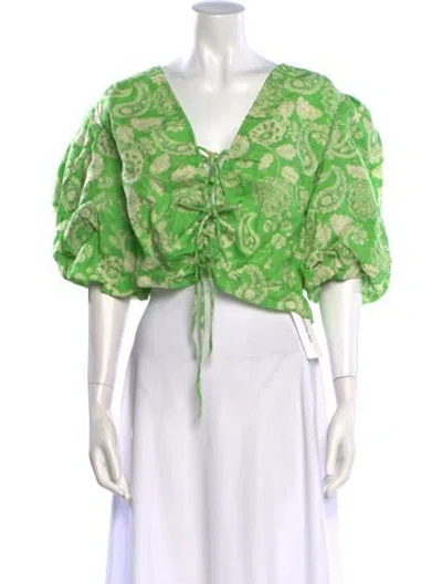 Pre-owned Nicholas Linen Printed Crop Top In Green