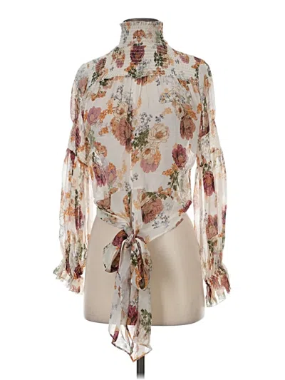 Pre-owned Nicholas Long Sleeve Silk Top Ivory Floral Pattern Tie Neck Tops