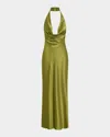 Nicholas Lyria Cutout Draped Halter Gown In Green