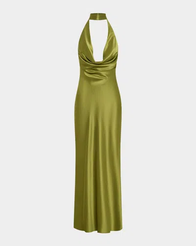 Nicholas Lyria Cutout Draped Halter Gown In Green