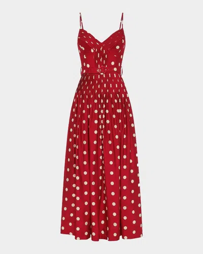 Nicholas Mireille Belted Polka-dot Linen-blend Midi Dress In Red
