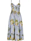 Nicholas Mireille Pintuck Floral-print Linen Midi Dress In 蓝色