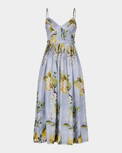 Nicholas Mireille Pintuck Floral-print Linen Midi Dress In Anisa Sky Lemon