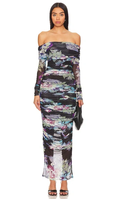 Nicholas Oaklyn Off Shoulder Shirred Midi Dress In Antique Floral Black