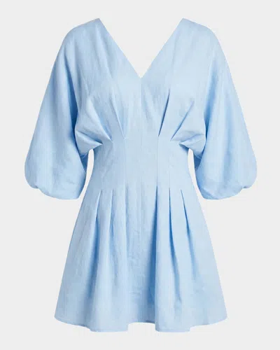 Nicholas Pleated Blouson-sleeve Linen Mini Dress In Blue