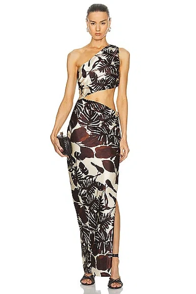 Nicholas Raya One Shoulder Asymmetrical Gown In Dark Chocolate Segovia Print