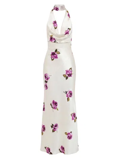 Nicholas The Label Women's Lyria Rose-print Halter Satin Gown In Multi