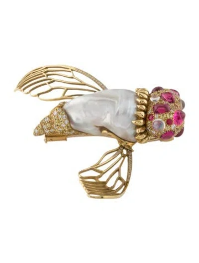 Pre-owned Nicholas Varney 18k Pearl & Multistone Cicada Brooch