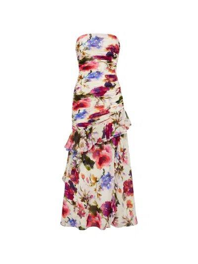 Nicholas Viola Ruched Ruffled Maxi Dress In Multi