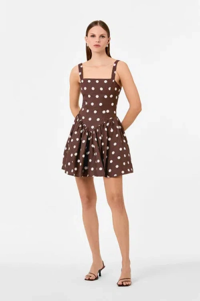 Nicholas Vittoria Polka Dot Flounce Mini Dress In Brown