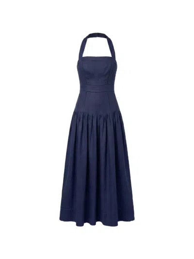 Nicholas Vivianne Halter-neck Gathered Midi Dress In Blue