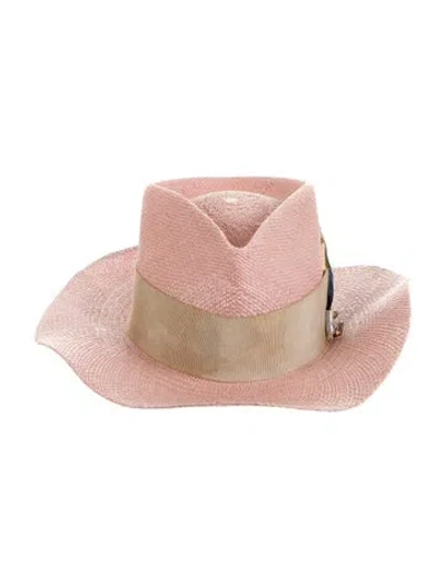 Pre-owned Nick Fouquet Panama Hat With Feather Accent At Side In Pink