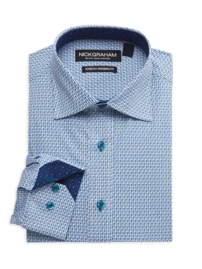 Nick Graham Men's Geometric Print Stretch Modern Fit Dress Shirt In Aqua