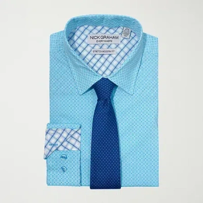 Nick Graham Mens Spread Collar Long Sleeve Shirt + Tie Set In Blue