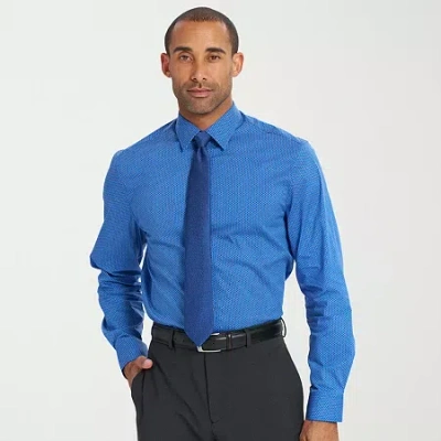 Nick Graham Mens Spread Collar Long Sleeve Shirt + Tie Set Fitted In Blue