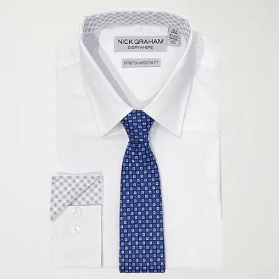 Nick Graham Mens Spread Collar Long Sleeve Shirt + Tie Set In White