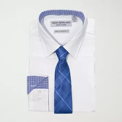 Nick Graham Mens Spread Collar Long Sleeve Stretch Fabric Shirt + Tie Set In White