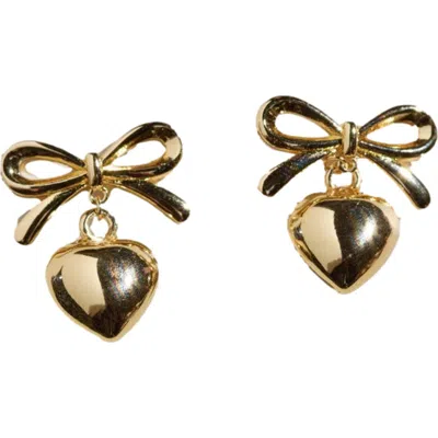 Nickel & Suede Bow & Heart Drop Earrings In Gold