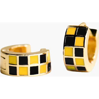 Nickel & Suede Checkered Enamel Huggies